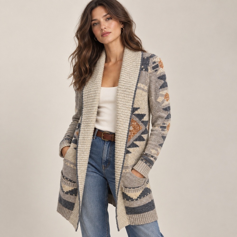 Lucky Brand Cardigan Women L Grey Southwestern Shawl Collar Knit Boho Western